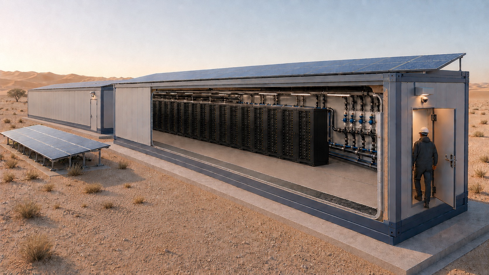 Cutaway of a RovoSmart data center unit: server racks, closed-loop cooling, and solar roof on a prepared pad (illustrative concept)