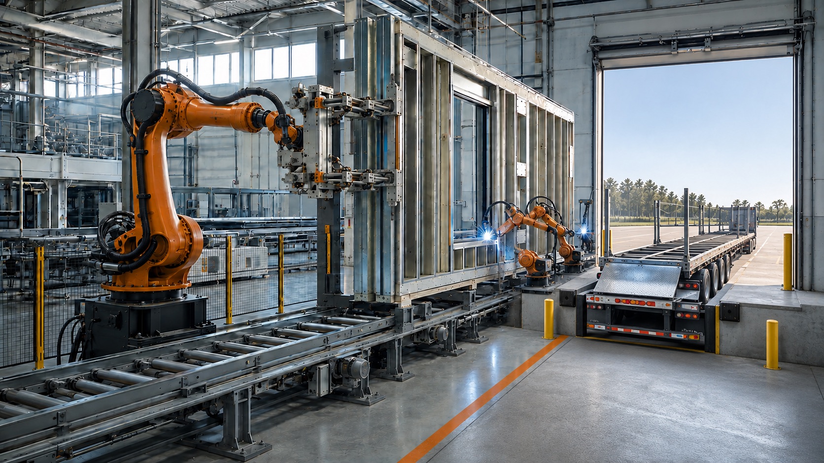 Robotic factory line assembling a steel wall panel beside an open bay with a flatbed trailer (illustrative concept)
