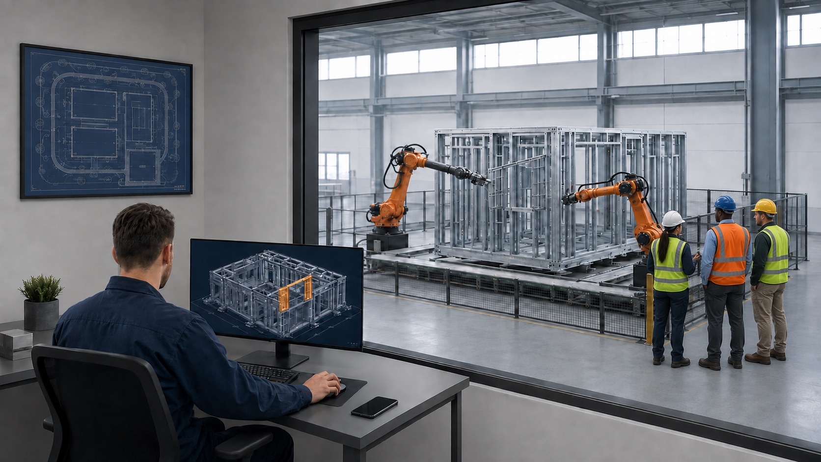 A designer directing robotic assembly of a steel module from the studio