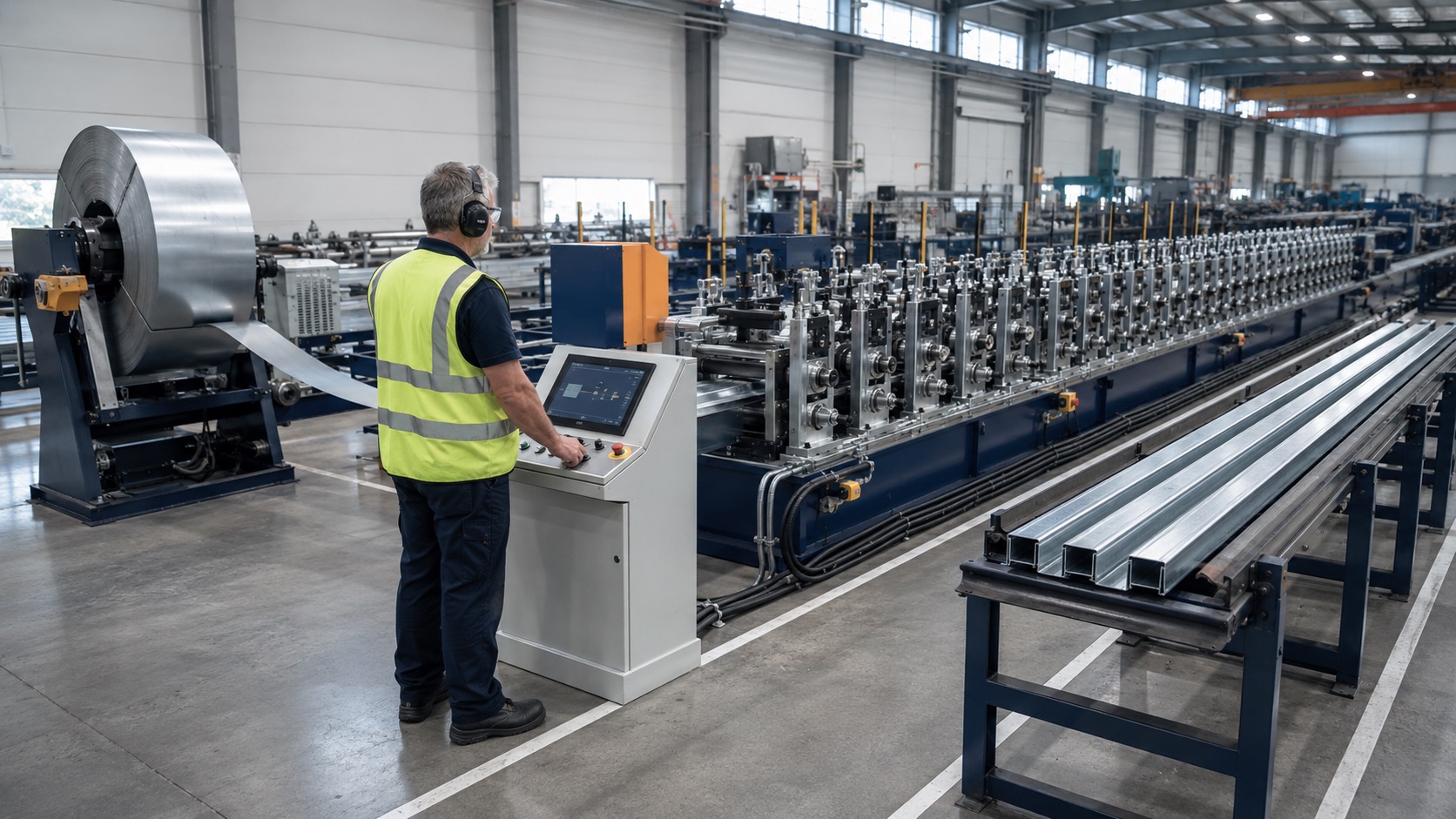 Automated production line assembling building components inside a factory