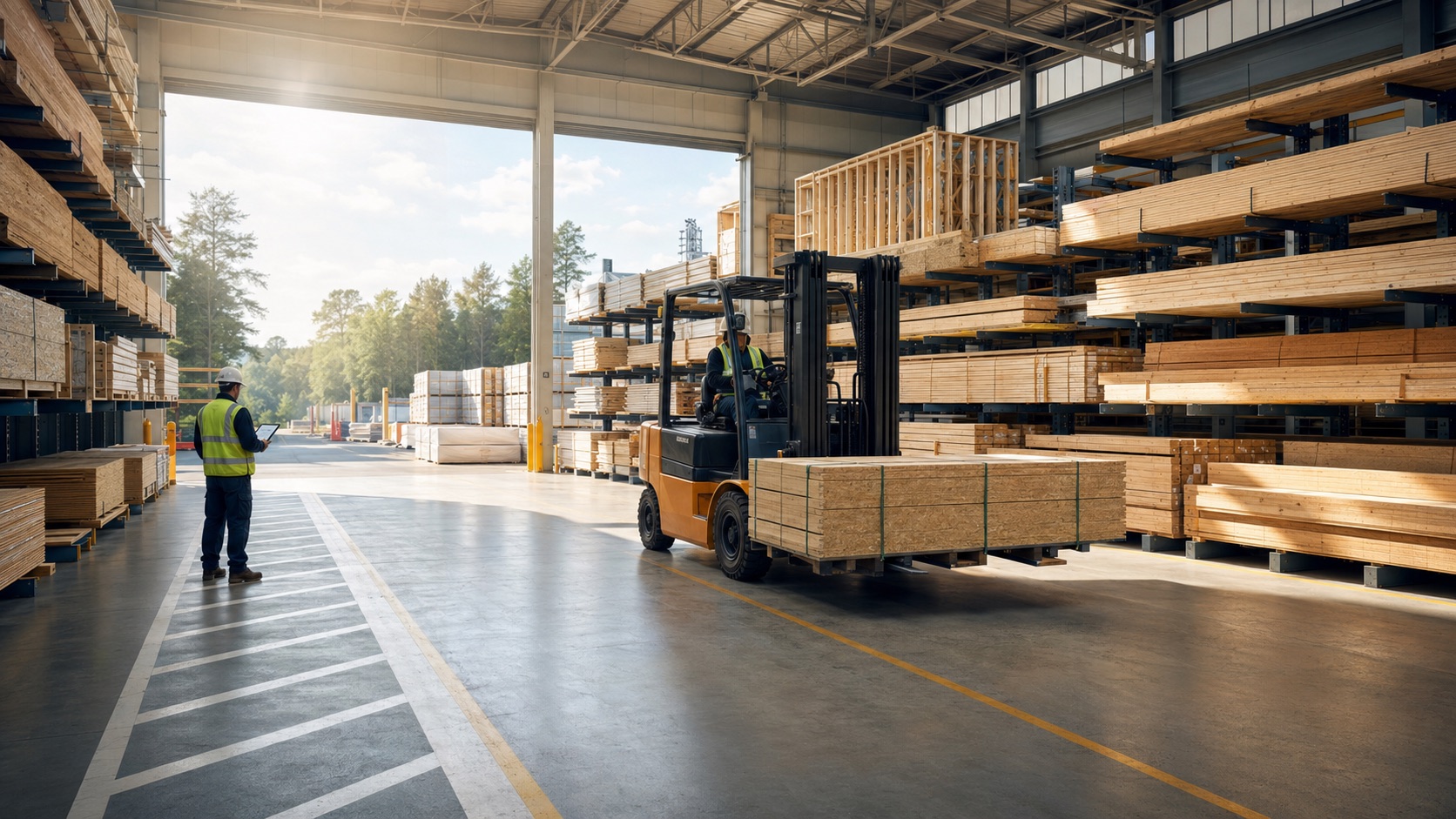 Building supply yard with stacked lumber and materials staged for delivery